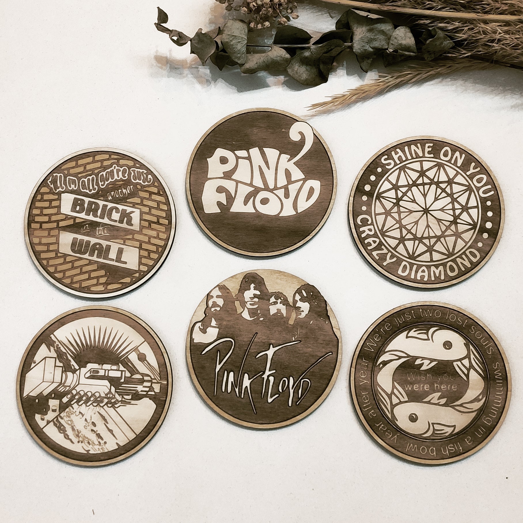 Set of 6 Pink Floyd Wooden Coasters - Handmade Gift - Housewarming - Wood Kitchenware - Rock Band