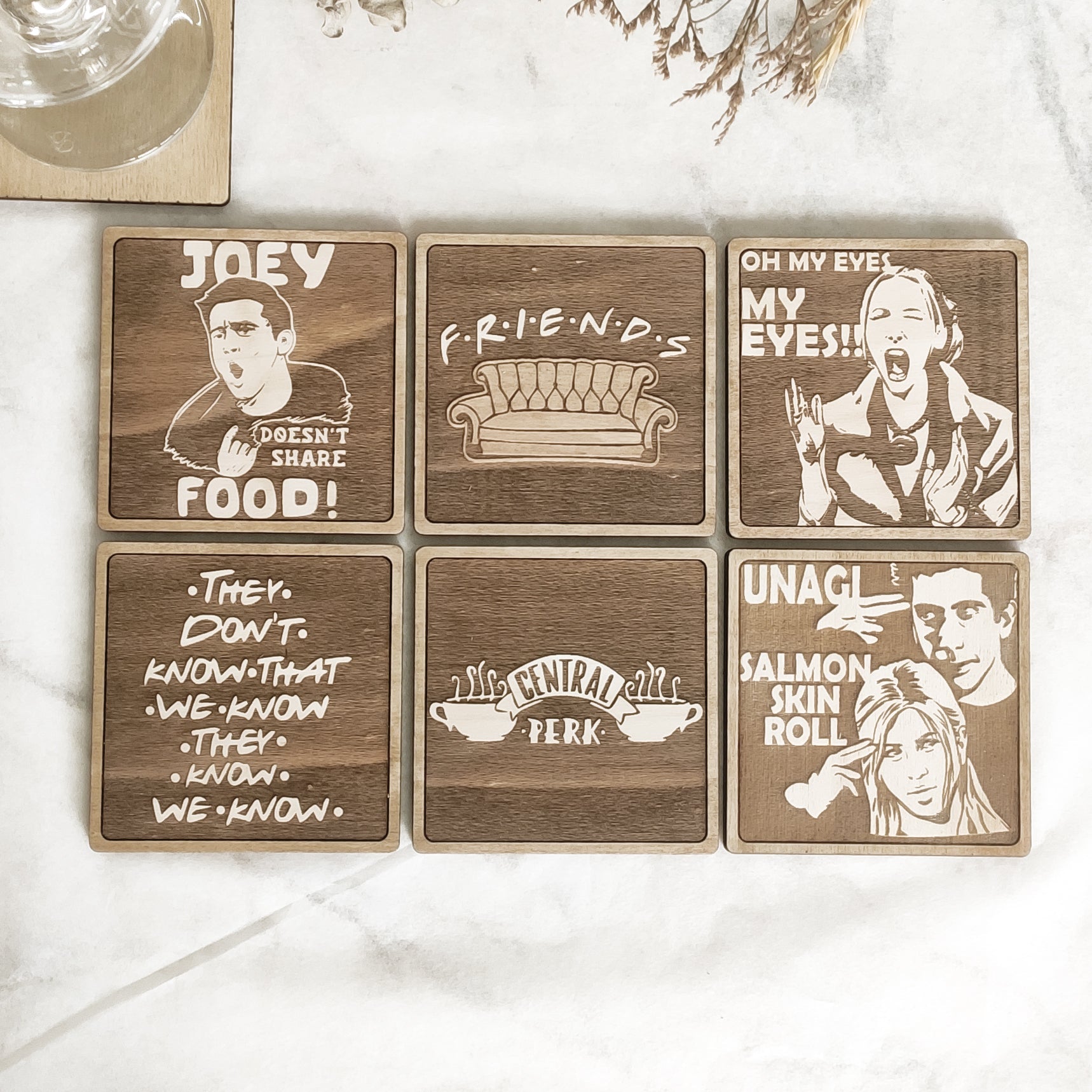 Set of 6 Friends Wooden Coasters - Handmade Gift - Housewarming - Wood Kitchenware