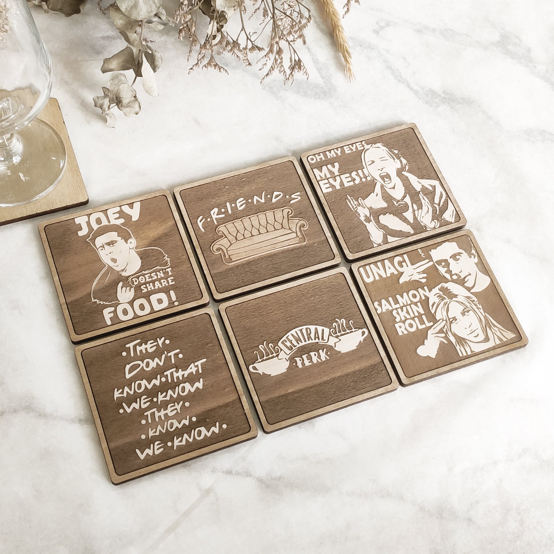 Set of 6 Friends Wooden Coasters - Handmade Gift - Housewarming - Wood Kitchenware