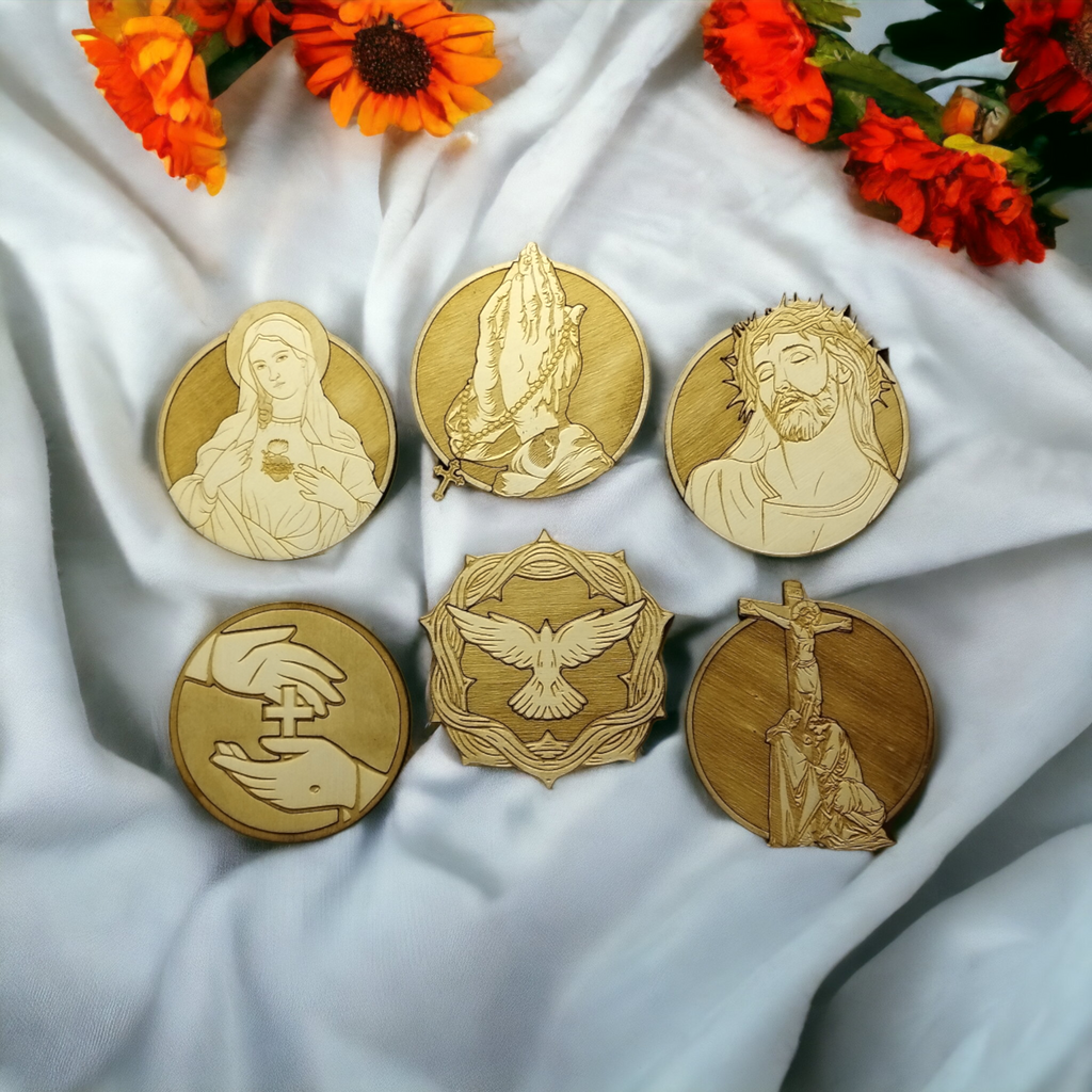 Set of 6 Religious Wooden Coasters - Handmade Gift - Wood Kitchenware -
