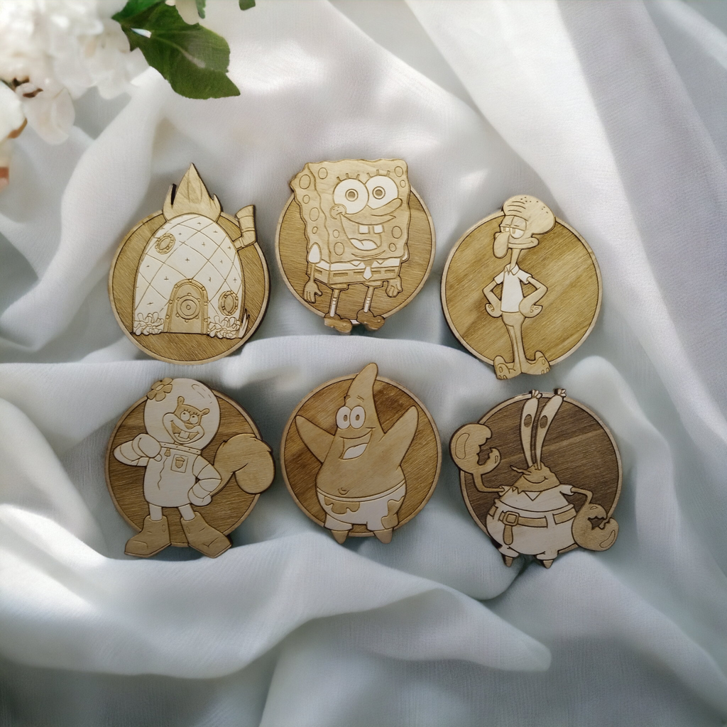 Set of 6 Sponge Bob Wooden Coasters - Handmade Gift - Wood Kitchenware -