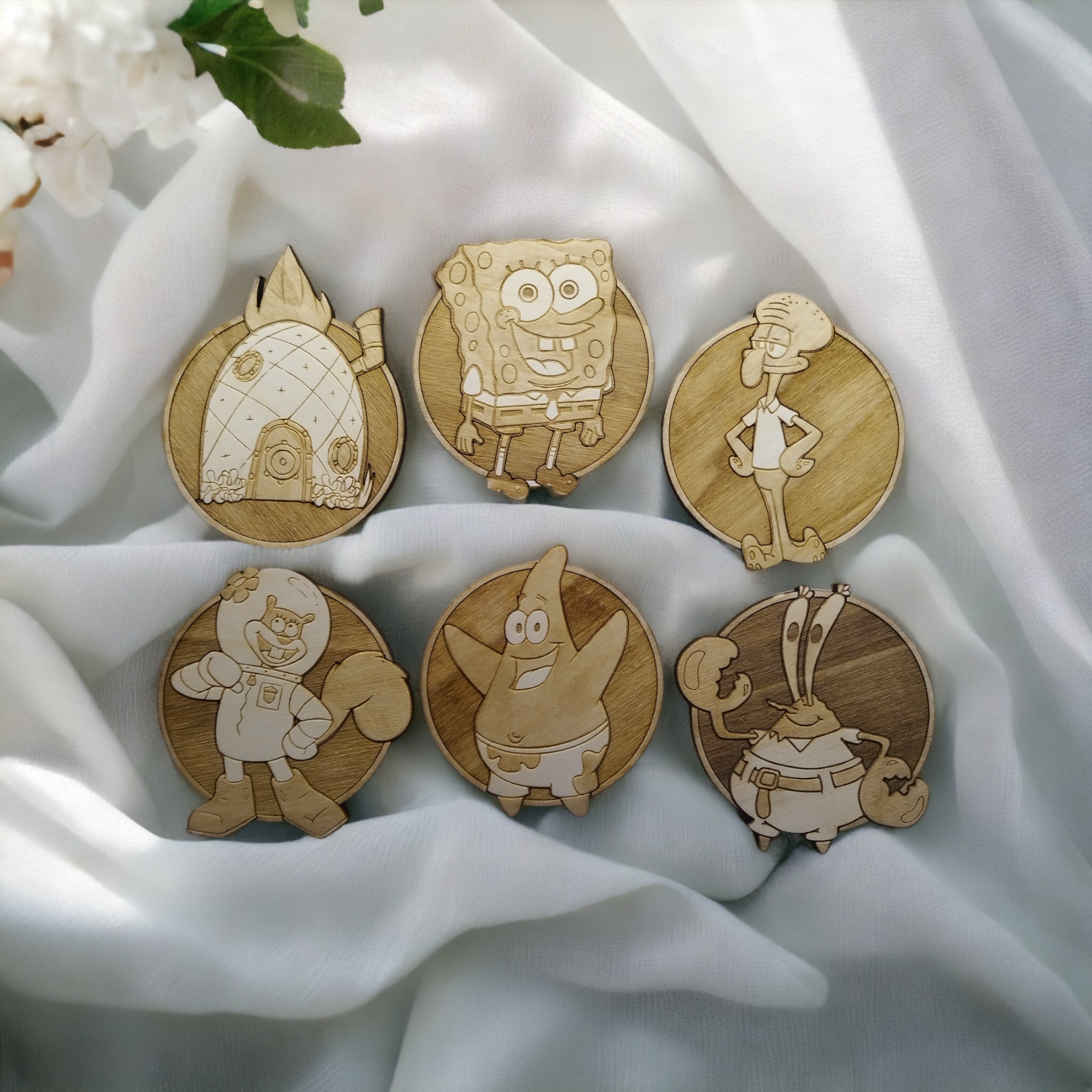 Set of 6 Sponge Bob Wooden Coasters - Handmade Gift - Wood Kitchenware -